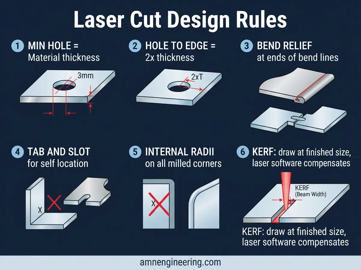 Infographic summarizing laser cutting design rules including minimum hole size, hole to edge spacing, bend relief, and corner relief